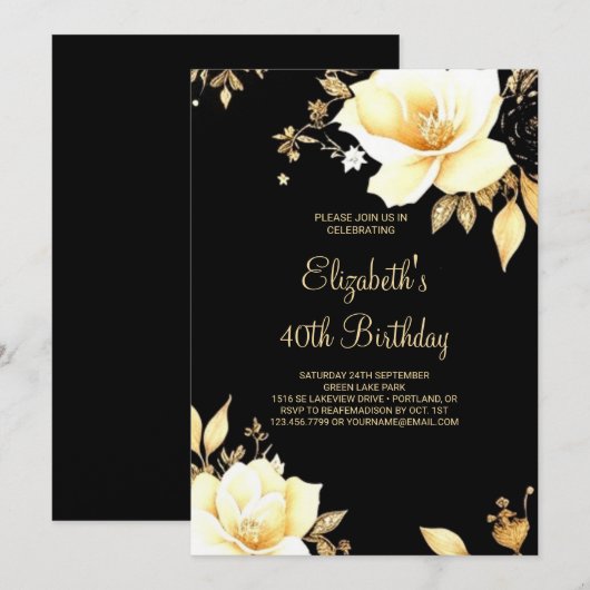 Bloemen Goud en Zwart Printable 40e Verjaardag Kaart (Voorkant / Achterkant)