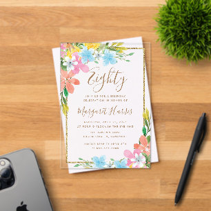 Bloemen Goud Glitter Border 80e Tachtig Verjaardag Acryl Uitnodigingen