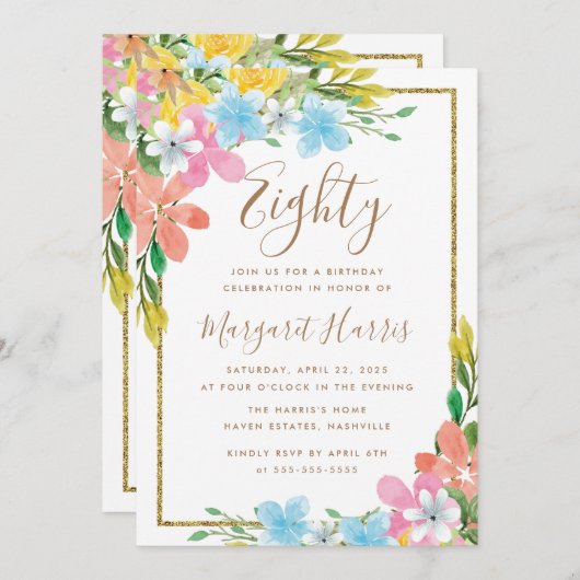 Bloemen Goud Glitter Border 80e Tachtig Verjaardag Kaart (Voorkant / Achterkant)