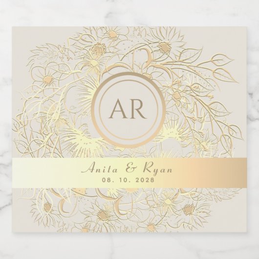 Bloemen Goud Monogram Bruiloft Likeurfles Etiket (Enkel label)