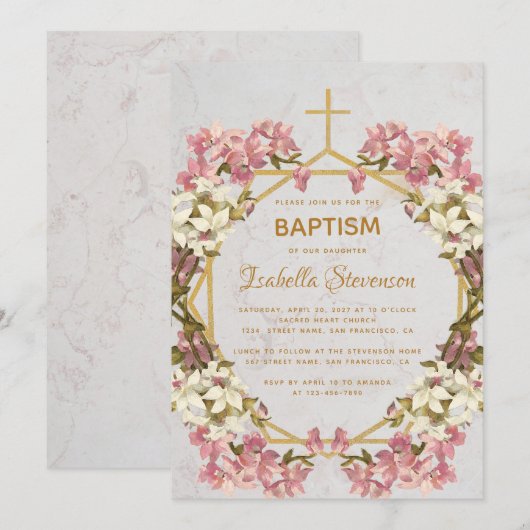 Bloemen Goud Roze Orchideeën Marmeren Geometrische Kaart (Voorkant / Achterkant)