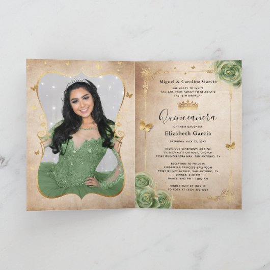 Bloemen Goud Sage Groen Quinceañera Foto Gevouwen (Binnen)