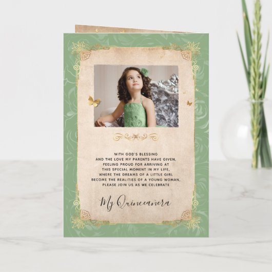 Bloemen Goud Sage Groen Quinceañera Foto Gevouwen (Achterkant)