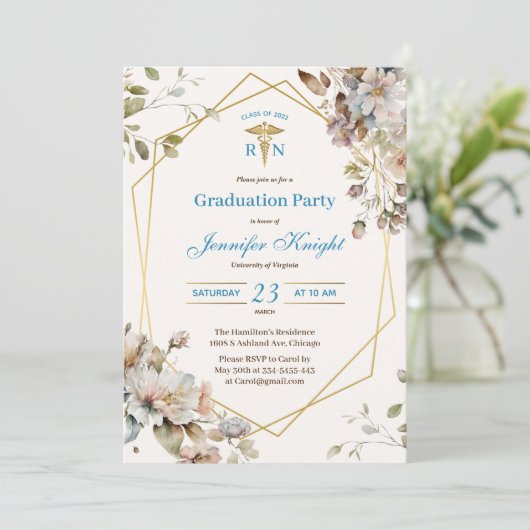 Bloemen Goud Verpleegster Afstuderen RN Verpleegku Kaart (Staand voorkant)