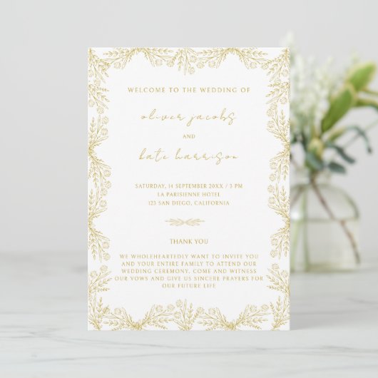 Bloemen Goud Wit Voor & Achterbruiloft Kaart (Staand voorkant)