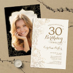 Bloemen Goud Zwart Foto 30e Verjaardagsfeest Kaart<br><div class="desc">Bloemen Zwart Goud Foto 30e Verjaardagsfeestuitnodiging. Minimalistisch modern ontwerp met botanische contourtekeningen,  accenten en lettertype. Eenvoudige trendy uitnodigingskaart perfect voor een stijlvol vrouwen dagfeest. Kan worden aangepast aan elke leeftijd. Gedrukte Zazzle-uitnodigingen of direct download digitale afdrukbare sjabloon.</div>