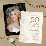 Bloemen Goud Zwart Foto 50e Verjaardagsfeest Kaart<br><div class="desc">Bloemen Zwart Goud Foto 50e Verjaardagsfeestuitnodiging. Minimalistisch modern ontwerp met botanische contourtekeningen,  accenten en lettertype. Eenvoudige trendy uitnodigingskaart perfect voor een stijlvol vrouwen dagfeest. Kan worden aangepast aan elke leeftijd. Gedrukte Zazzle-uitnodigingen of direct download digitale afdrukbare sjabloon.</div>