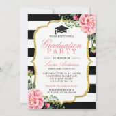 Bloemen Goud Zwart Wit Strepen Graduation Party Kaart (Voorkant)
