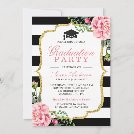 Bloemen Goud Zwart Wit Strepen Graduation Party Kaart (Voorkant)