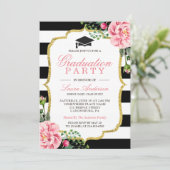 Bloemen Goud Zwart Wit Strepen Graduation Party Kaart (Staand voorkant)