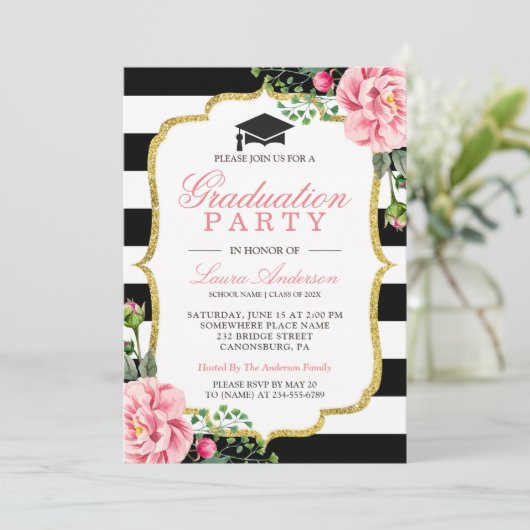 Bloemen Goud Zwart Wit Strepen Graduation Party Kaart (Staand voorkant)