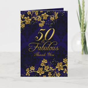 Bloemen Gouden Blauw 50 & Fabelachtig dankt u Bedankkaart