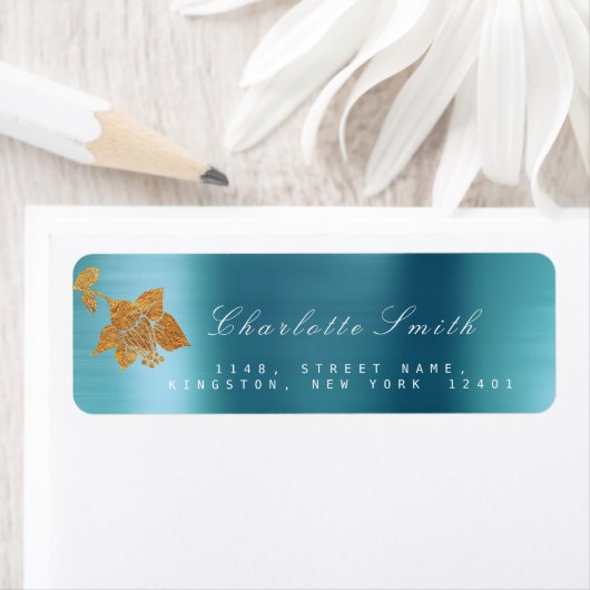 Bloemen Gouden Folie Aqua Metallic Blauw Water RSV Etiket (Insitu)