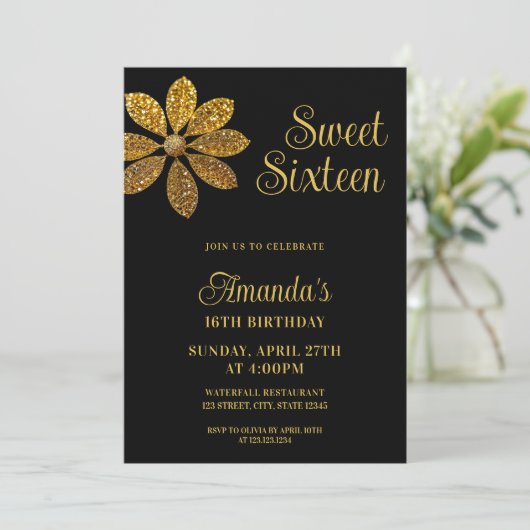 Bloemen Gouden Glitter Bloem Sweet 16 Verjaardag Kaart (Staand voorkant)