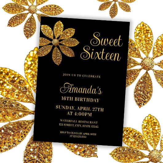 Bloemen Gouden Glitter Bloem Sweet 16 Verjaardag Kaart