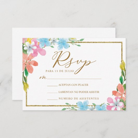 Bloemen Gouden Rand Nuestra Boda Bruiloft RSVP Kaart (Voorkant / Achterkant)