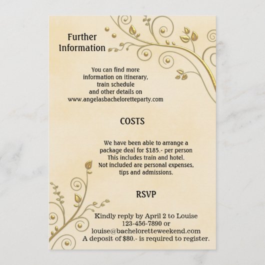 Bloemen Gouden Reisroute Bachelorette Weekend Uitn Programmakaart (Achterkant)