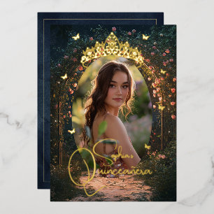 Bloemen Gouden Tuin Vlinder Foto Quinceanera Folie Uitnodiging