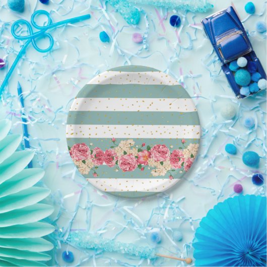  bloemen goudfaux glitter stippen strepen papieren bordje (Feest)