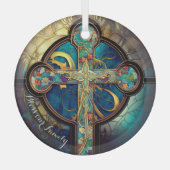 Bloemen Grace Glas in lood Religieus Kruis Glas Ornament (Voorkant)