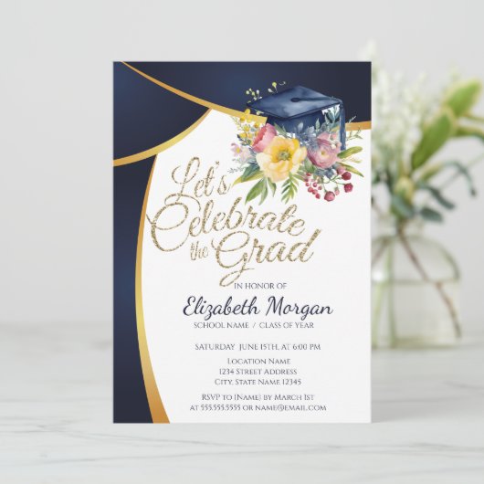 Bloemen Graduation Cap, Blauw Afstuderen Kaart (Staand voorkant)