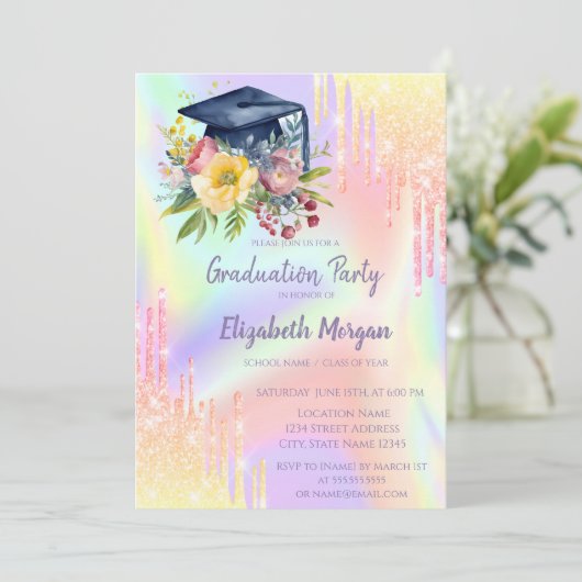 Bloemen Graduation Cap, Ombre druipt holografisch Kaart (Staand voorkant)