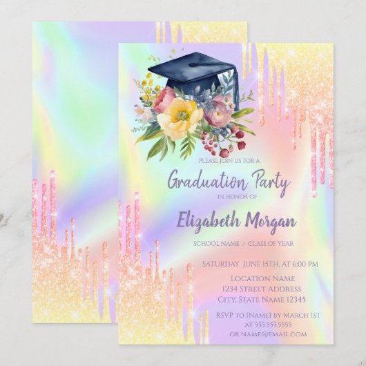 Bloemen Graduation Cap, Ombre druipt holografisch Kaart (Voorkant / Achterkant)