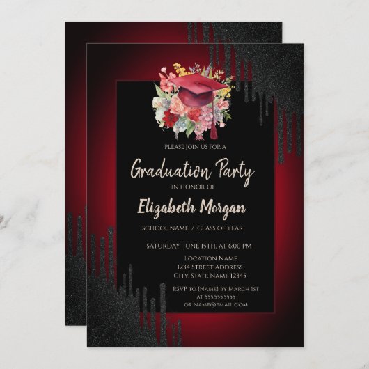 Bloemen Graduation Cap, zwart druppels donkerrood Kaart (Voorkant / Achterkant)