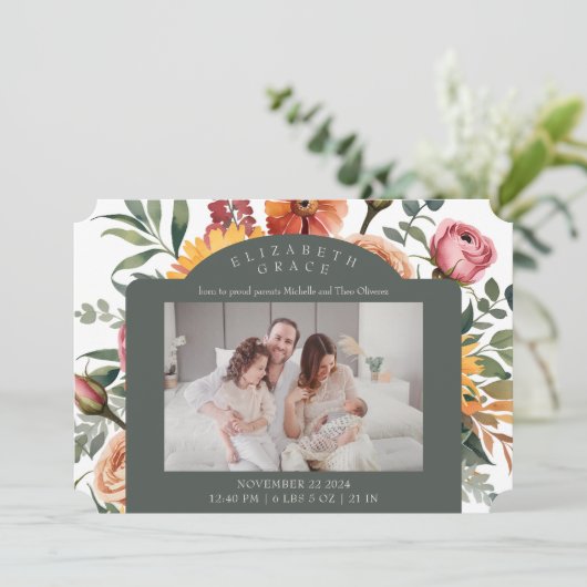 Bloemen Grens Landschap Foto Geboorteaankondiging Kaart (Staand voorkant)