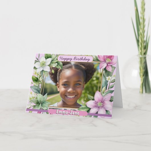  Bloemen Grens Roze Bloemen Gelukkige Verjaardag Kaart (Voorkant)