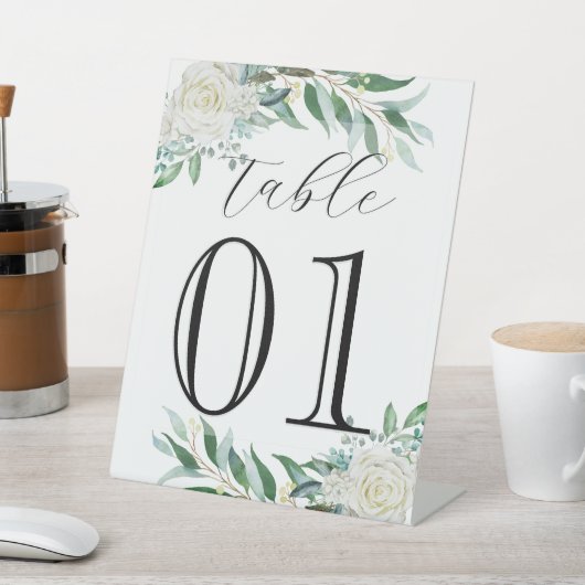 Bloemen, groen, aangepaste nummer, bruiloft, café reclamebord met voetstuk (Insitu)