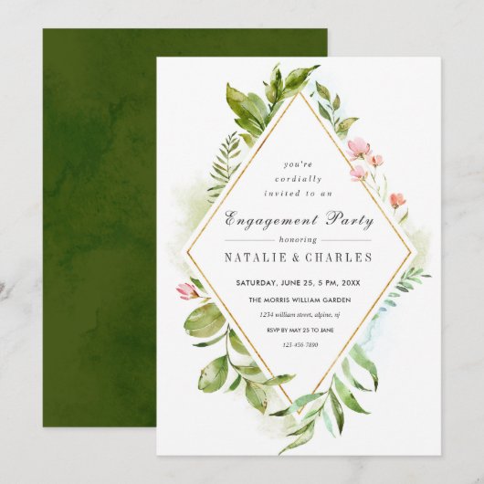 Bloemen Groen Bladgroen Verlovingsfeestuitnodiging Kaart (Voorkant / Achterkant)