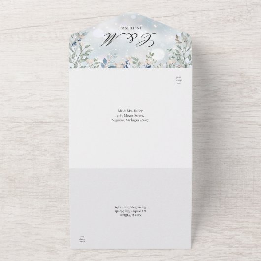 Bloemen groen cascade elegante winter bruiloft all in one uitnodiging (Buitenkant)