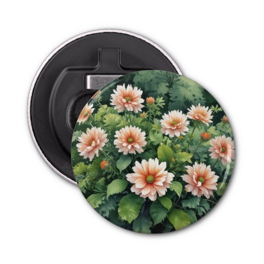 Bloemen Groen Elegante Waterverf Button Flesopener (Voorkant)