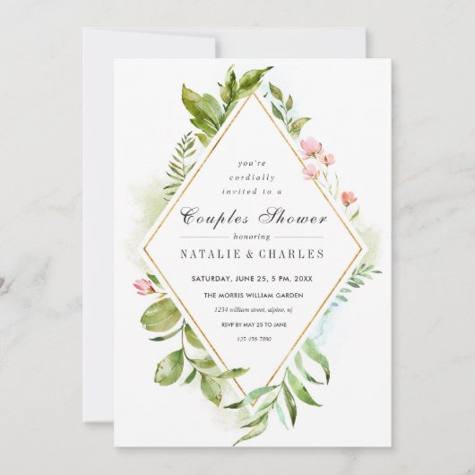 Bloemen Groen Foliage Koppels Douche Uitnodiging (Voorkant)