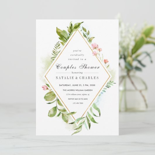 Bloemen Groen Foliage Koppels Douche Uitnodiging (Staand voorkant)