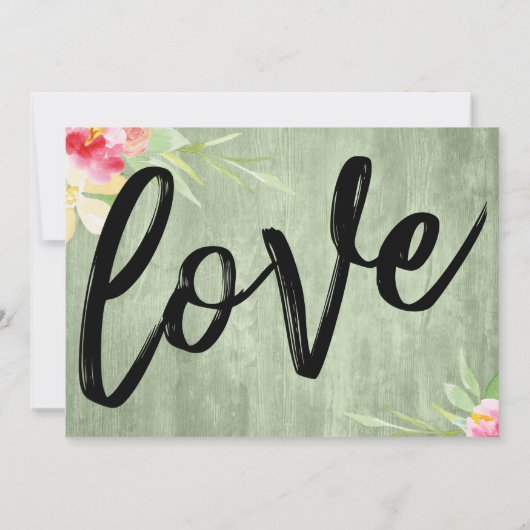 Bloemen groen hout handschrift uitgesteld bruiloft kaart (Achterkant)