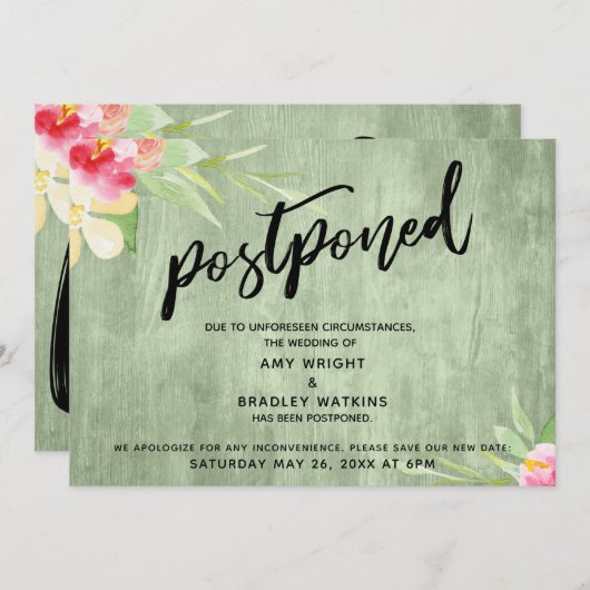 Bloemen groen hout handschrift uitgesteld bruiloft kaart (Voorkant / Achterkant)