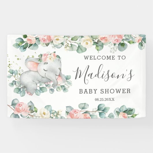 Bloemen groen olifant Baby shower meisje welkom Spandoek (Horizontaal)