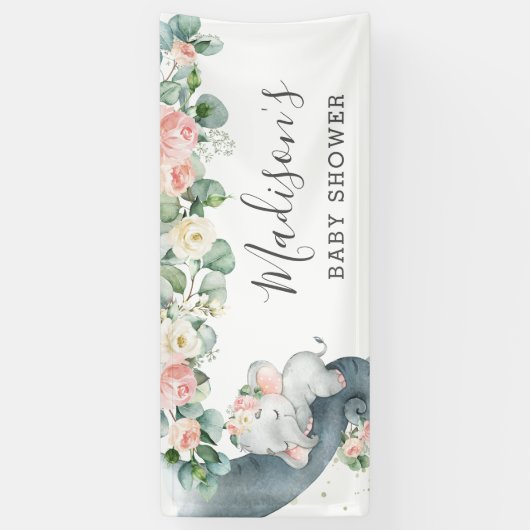 Bloemen groen olifant Baby shower meisje welkom Spandoek (Verticaal)