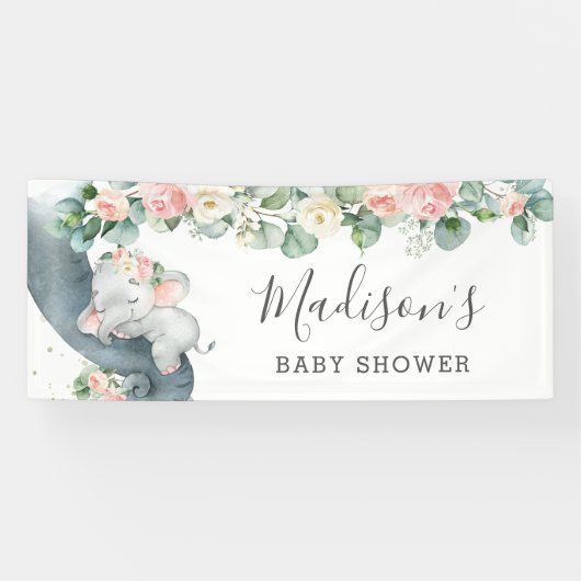 Bloemen groen olifant Baby shower meisje welkom Spandoek (Horizontaal)
