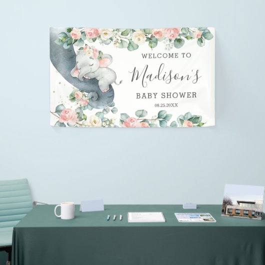 Bloemen groen olifant Baby shower meisje welkom Spandoek (Beurs)