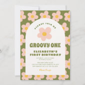 Bloemen Groen roze Groovy Een Baby Eerste Verjaard Kaart (Voorkant)