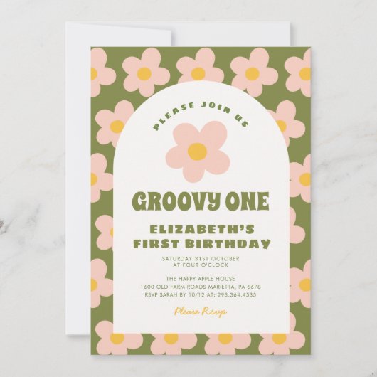 Bloemen Groen roze Groovy Een Baby Eerste Verjaard Kaart (Voorkant)