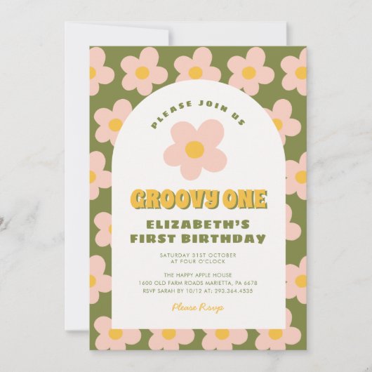 Bloemen Groen roze Groovy Een Baby Eerste Verjaard Kaart (Voorkant)