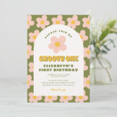 Bloemen Groen roze Groovy Een Baby Eerste Verjaard Kaart (Staand voorkant)