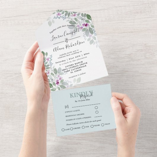 Bloemen Groen Roze Waterverf Bruiloft All In One Uitnodiging (Afscheurbaar)