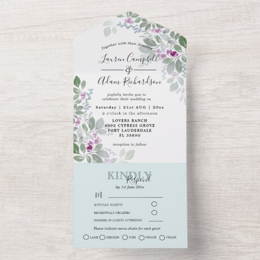 Bloemen Groen Roze Waterverf Bruiloft All In One Uitnodiging (Binnen)