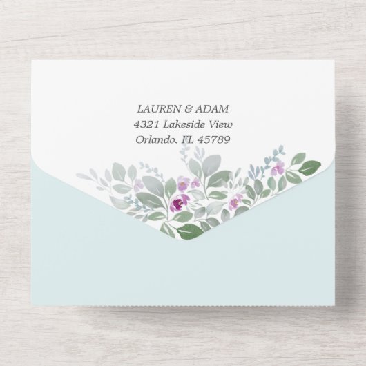 Bloemen Groen Roze Waterverf Bruiloft All In One Uitnodiging (Achterkant)