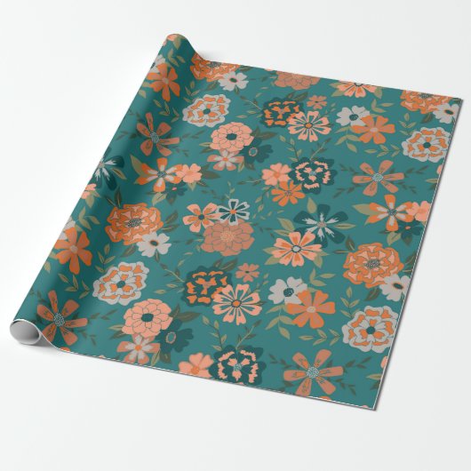 Bloemen Groen Sinaasappel Botanische Patroon Gift Cadeaupapier (Uitgerold)